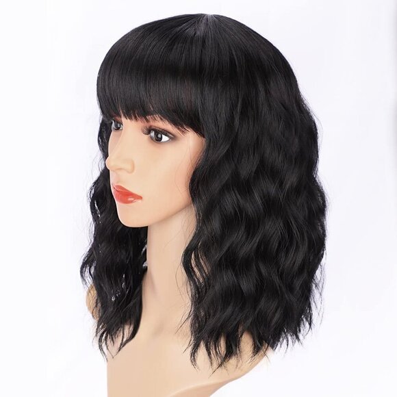 Women Black Bangs Natural Looking Heat Resistant Synthetic Fiber Short Hair Wig - Picture 2 of 7